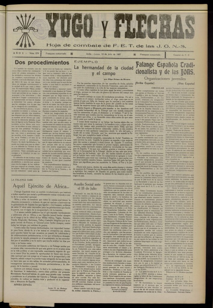 Miniatura de Yugo y flechas : hoja de combate de F.E. de las J.O.N.S. del 19 de julio de 1937, nº 279