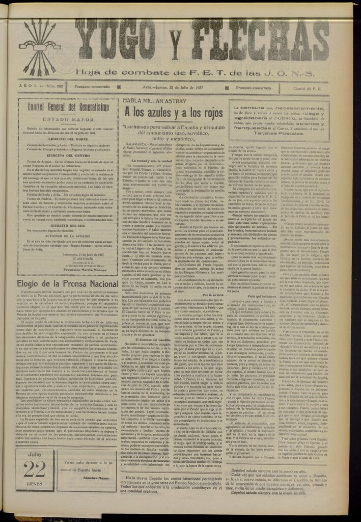 Miniatura de Yugo y flechas : hoja de combate de F.E. de las J.O.N.S. del 22 de julio de 1937, nº 282