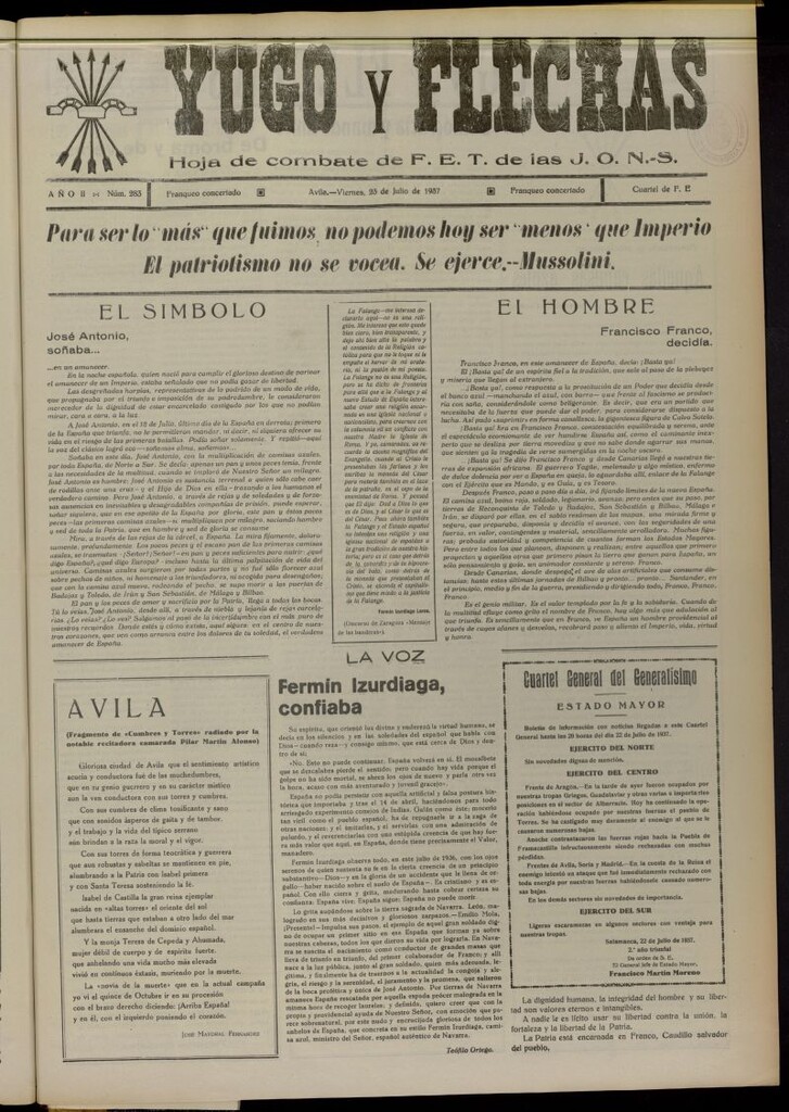 Miniatura de Yugo y flechas : hoja de combate de F.E. de las J.O.N.S. del 23 de julio de 1937, nº 283