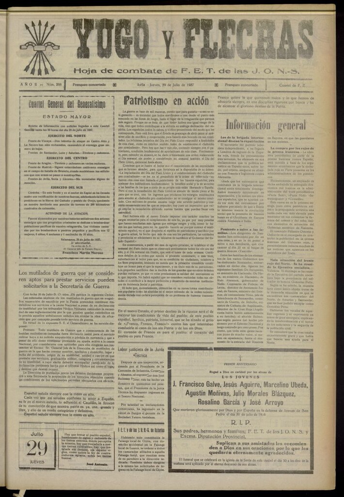 Miniatura de Yugo y flechas : hoja de combate de F.E. de las J.O.N.S. del 29 de julio de 1937, nº 289