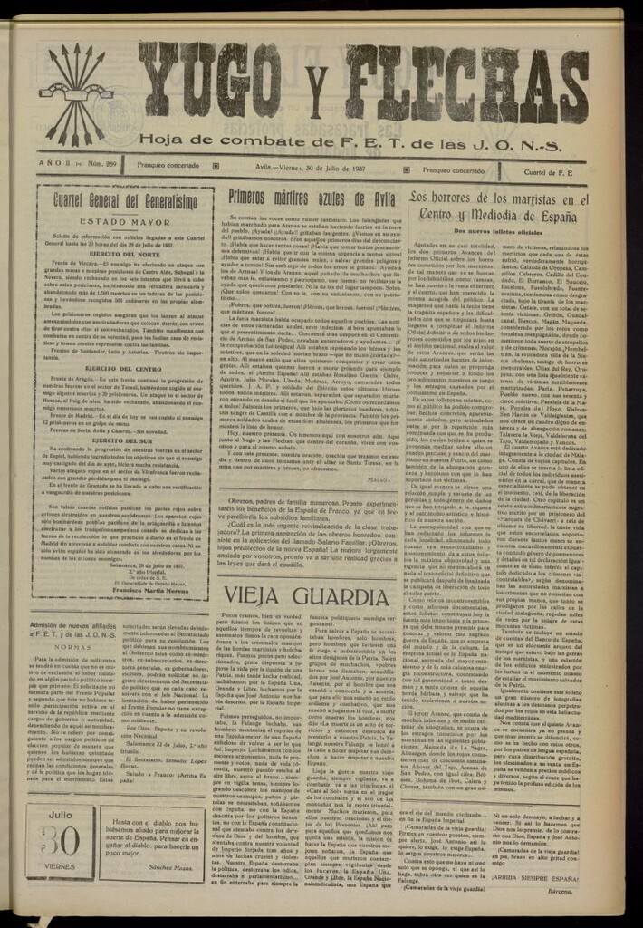 Miniatura de Yugo y flechas : hoja de combate de F.E. de las J.O.N.S. del 30 de julio de 1937, nº 289