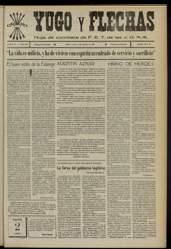 Miniatura de Yugo y flechas : hoja de combate de F.E. de las J.O.N.S. del 2 de agosto de 1937, nº 291