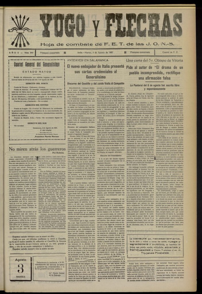 Miniatura de Yugo y flechas : hoja de combate de F.E. de las J.O.N.S. del 3 de agosto de 1937, nº 292