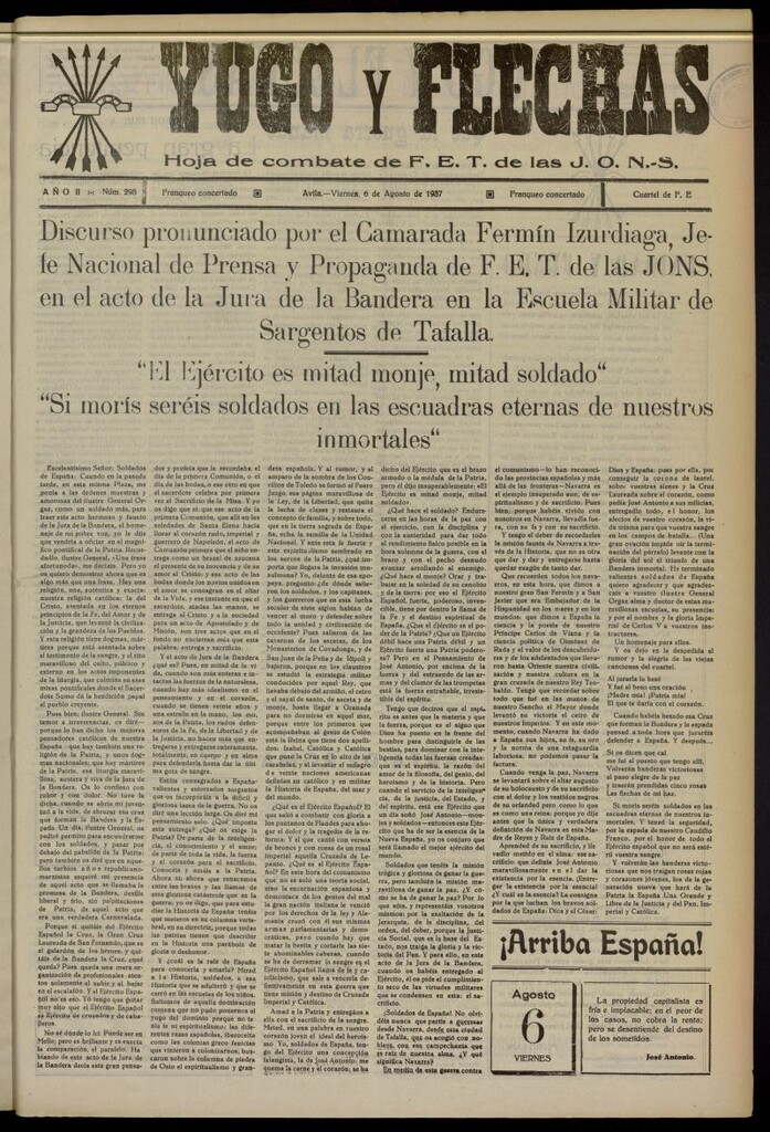 Miniatura de Yugo y flechas : hoja de combate de F.E. de las J.O.N.S. del 6 de agosto de 1937, nº 295