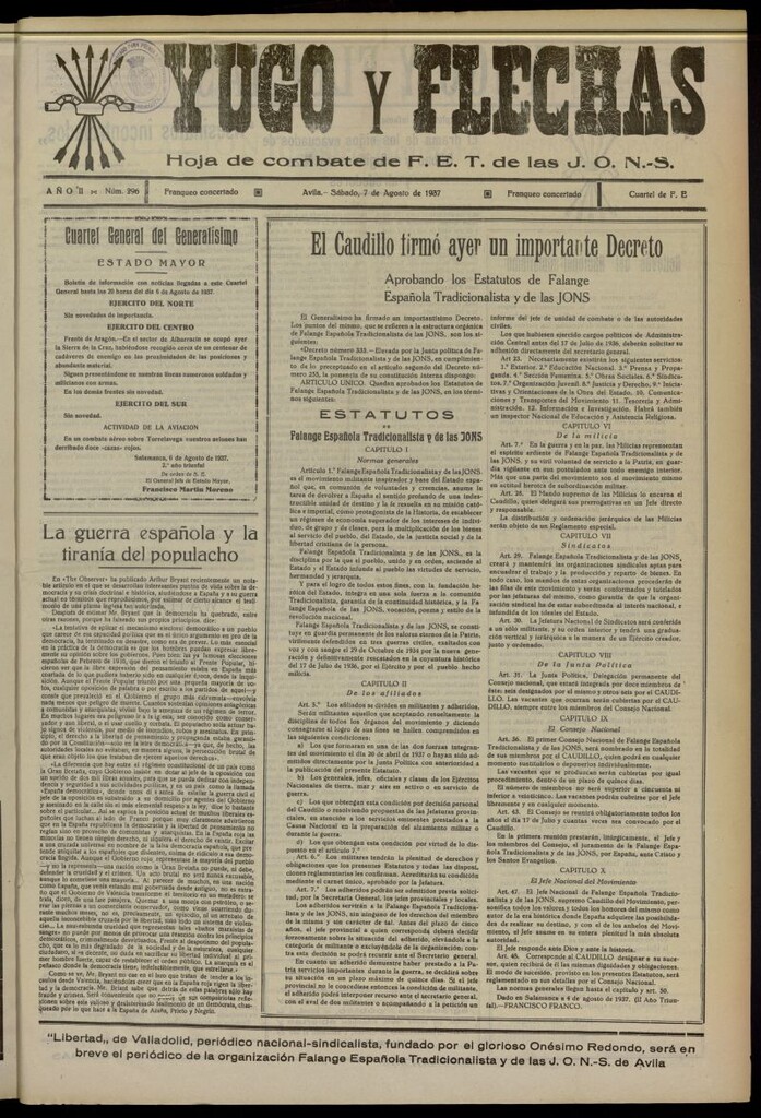 Miniatura de Yugo y flechas : hoja de combate de F.E. de las J.O.N.S. del 7 de agosto de 1937, nº 296