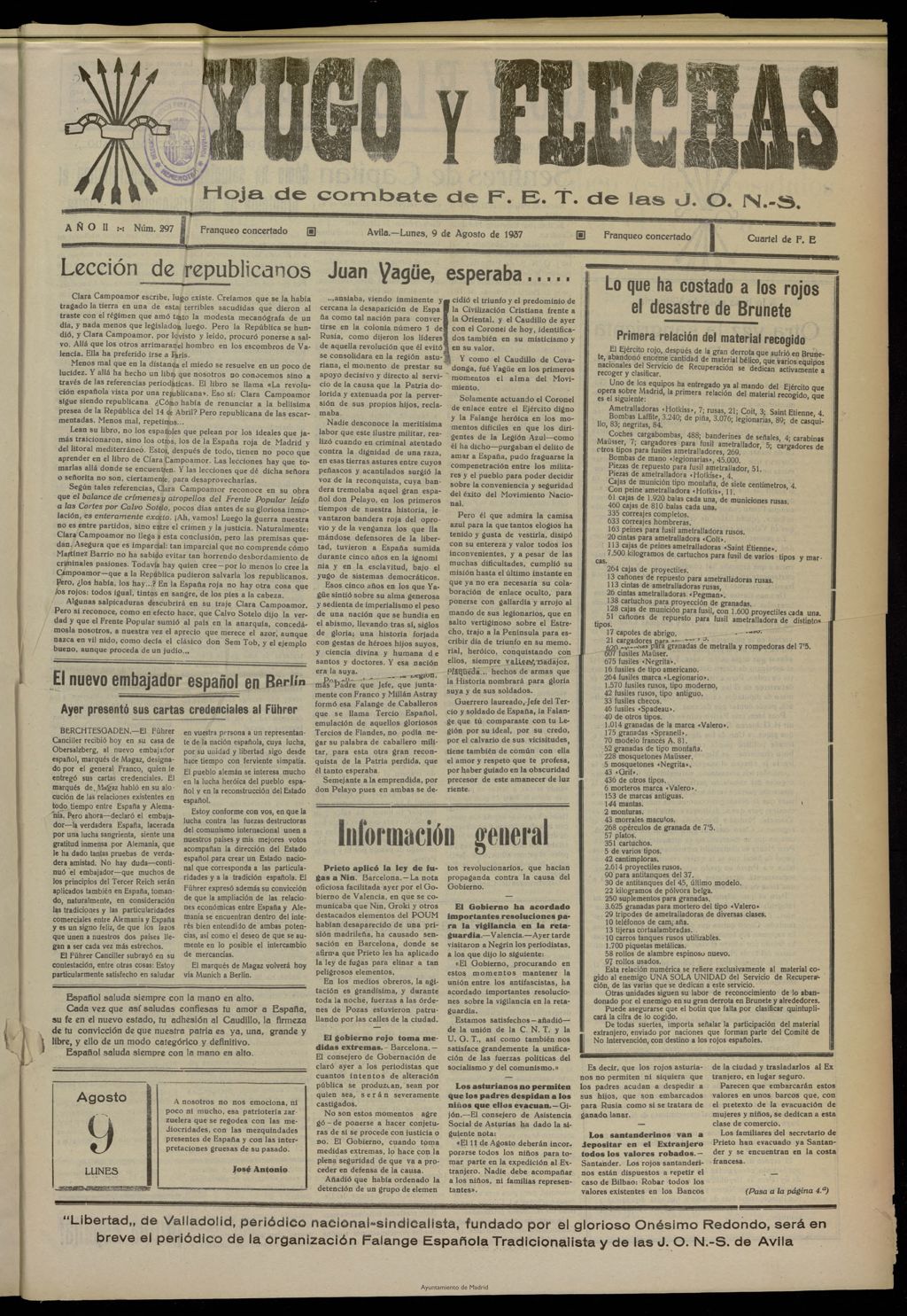 Miniatura de Yugo y flechas : hoja de combate de F.E. de las J.O.N.S. del 9 de agosto de 1937, nº 297