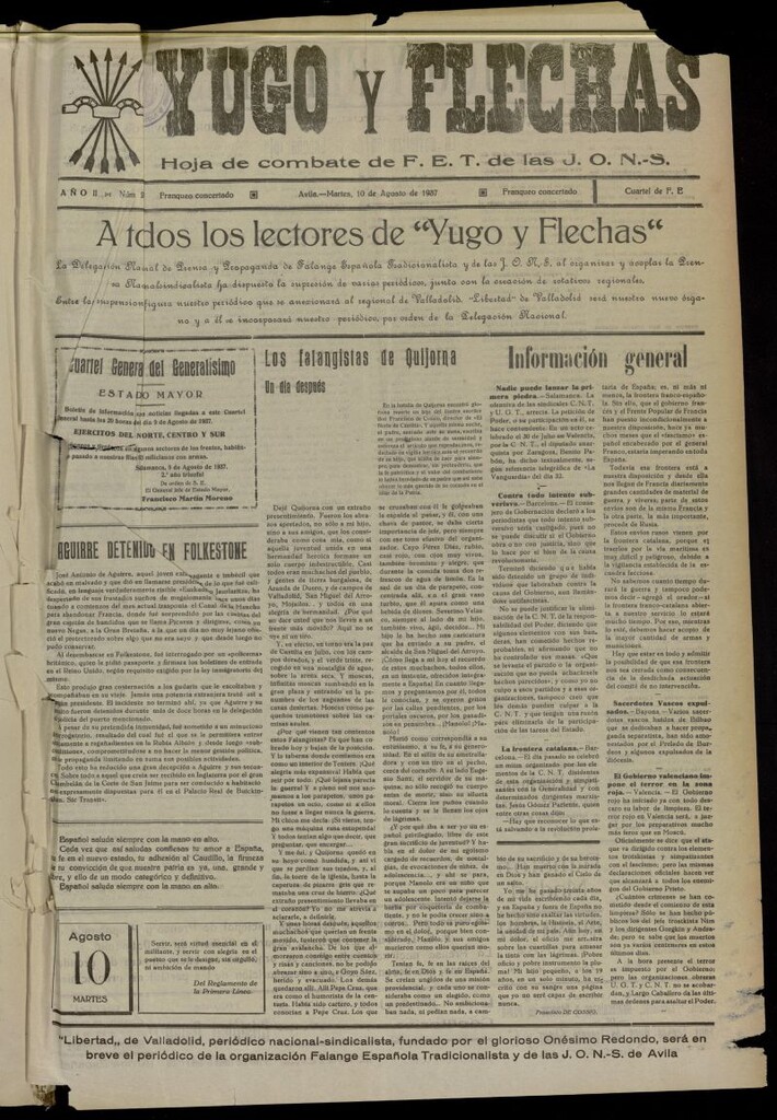 Miniatura de Yugo y flechas : hoja de combate de F.E. de las J.O.N.S. del 10 de agosto de 1937, nº 298