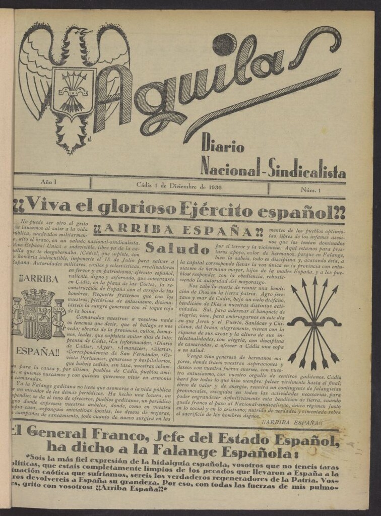 Miniatura de Águilas: Diario Nacional-Sindicalista del 1 de diciembre de 1936, nº 1
