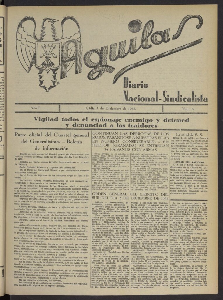 Miniatura de Águilas: Diario Nacional-Sindicalista del 7 de diciembre de 1936, nº 6