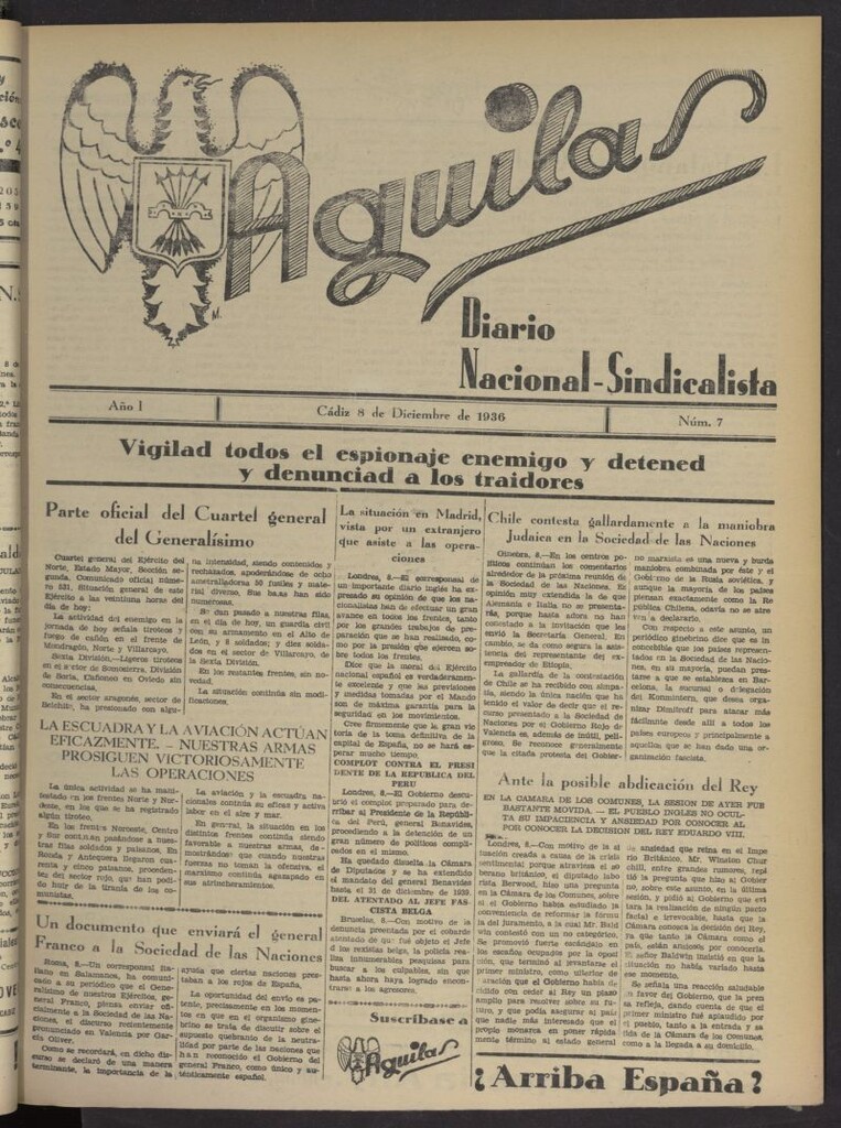 Miniatura de Águilas: Diario Nacional-Sindicalista del 8 de diciembre de 1936, nº 7
