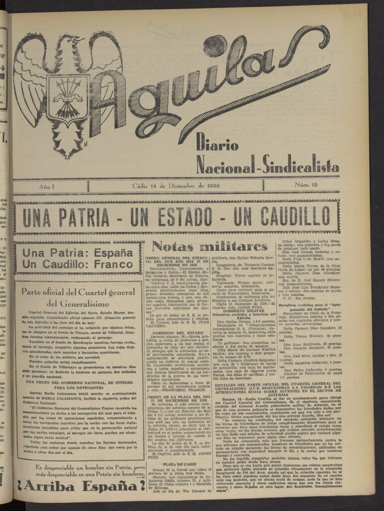 Miniatura de Águilas: Diario Nacional-Sindicalista del 14 de diciembre de 1936, nº 12