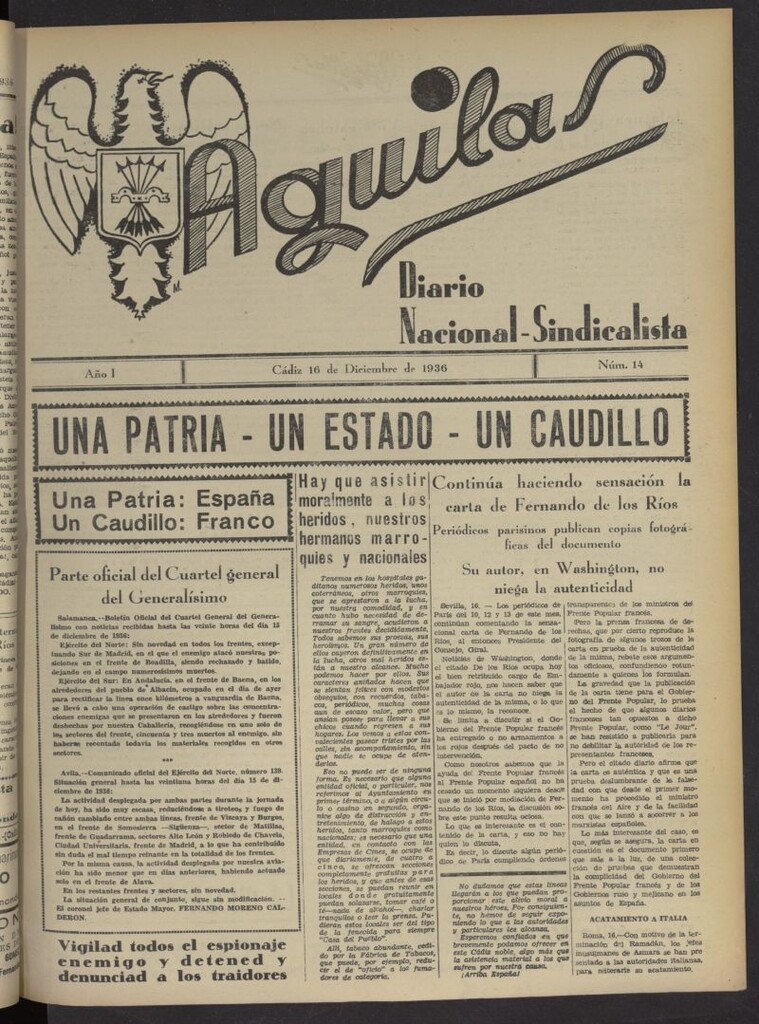 Miniatura de Águilas: Diario Nacional-Sindicalista del 16 de diciembre de 1936, nº 14