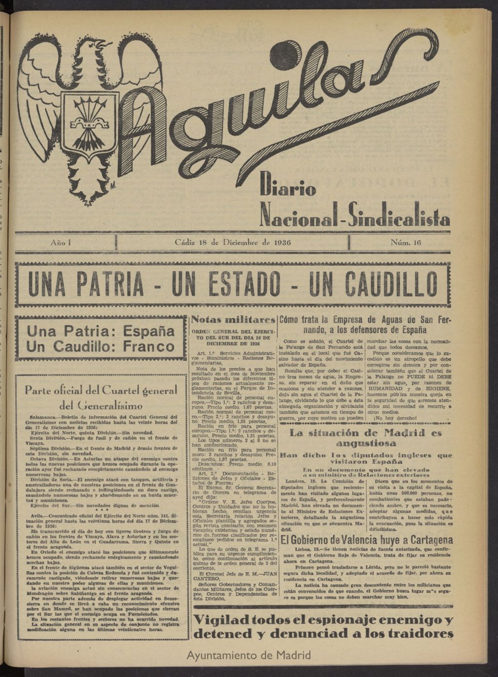 Miniatura de Águilas: Diario Nacional-Sindicalista del 18 de diciembre de 1936, nº 16