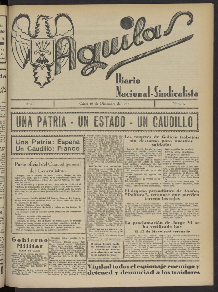 Miniatura de Águilas: Diario Nacional-Sindicalista del 19 de diciembre de 1936, nº 17