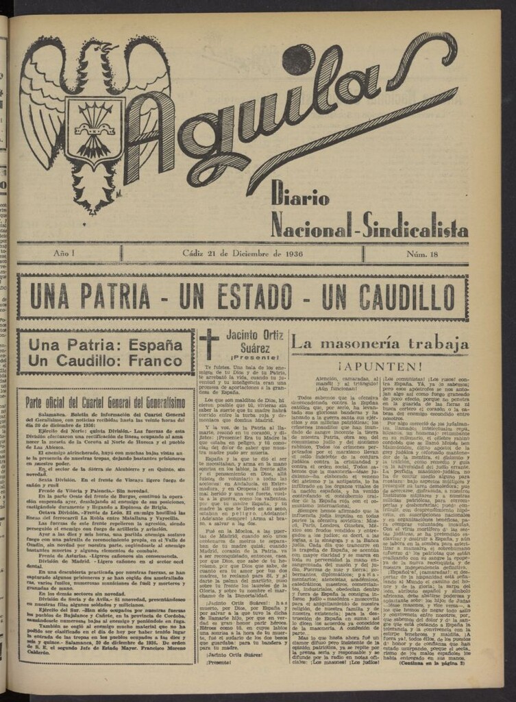 Miniatura de Águilas: Diario Nacional-Sindicalista del 21 de diciembre de 1936, nº 18