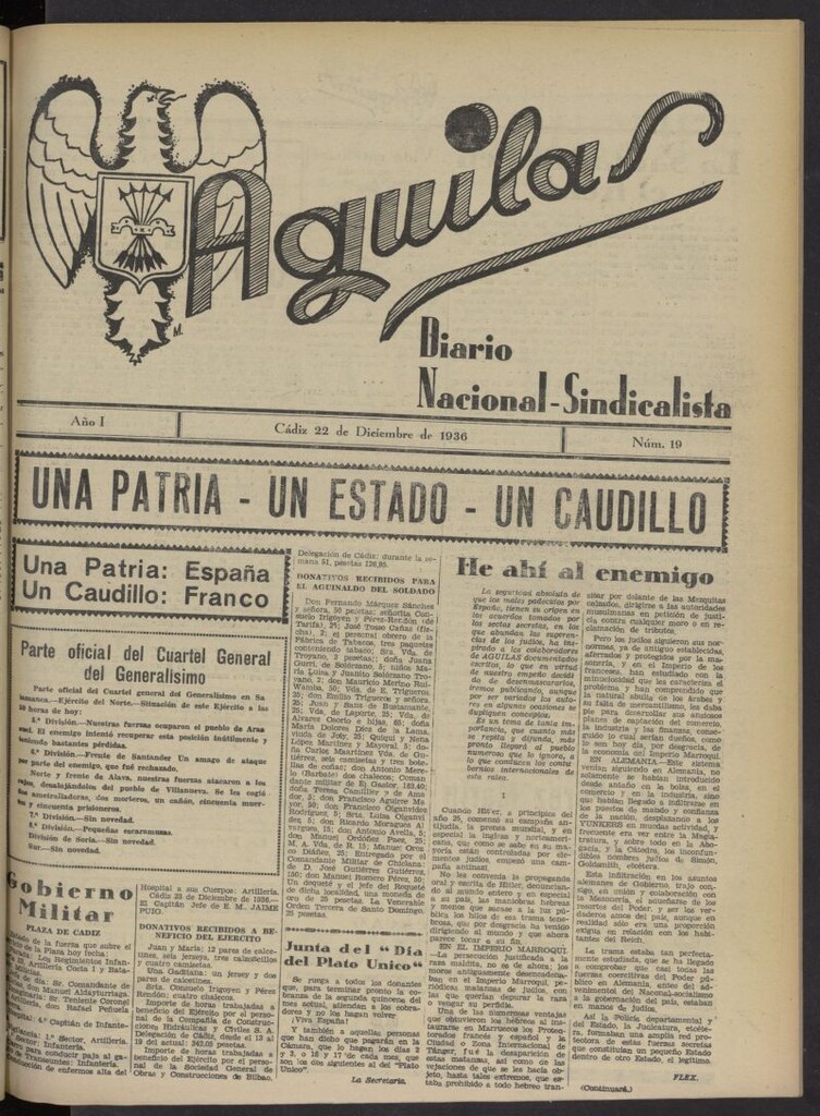 Miniatura de Águilas: Diario Nacional-Sindicalista del 22 de diciembre de 1936, nº 19
