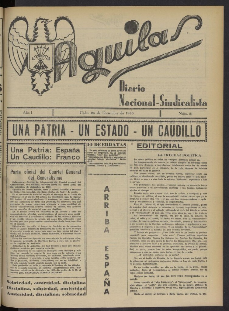 Miniatura de Águilas: Diario Nacional-Sindicalista del 24 de diciembre de 1936, nº 21