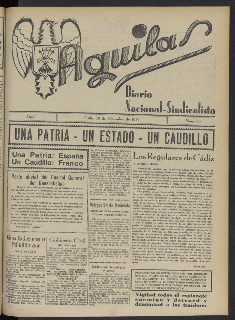 Miniatura de Águilas: Diario Nacional-Sindicalista del 26 de diciembre de 1936, nº 22