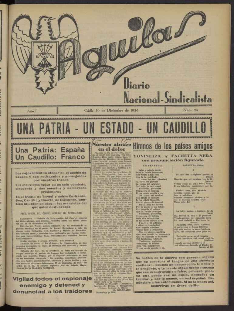Miniatura de Águilas: Diario Nacional-Sindicalista del 30 de diciembre de 1936, nº 25