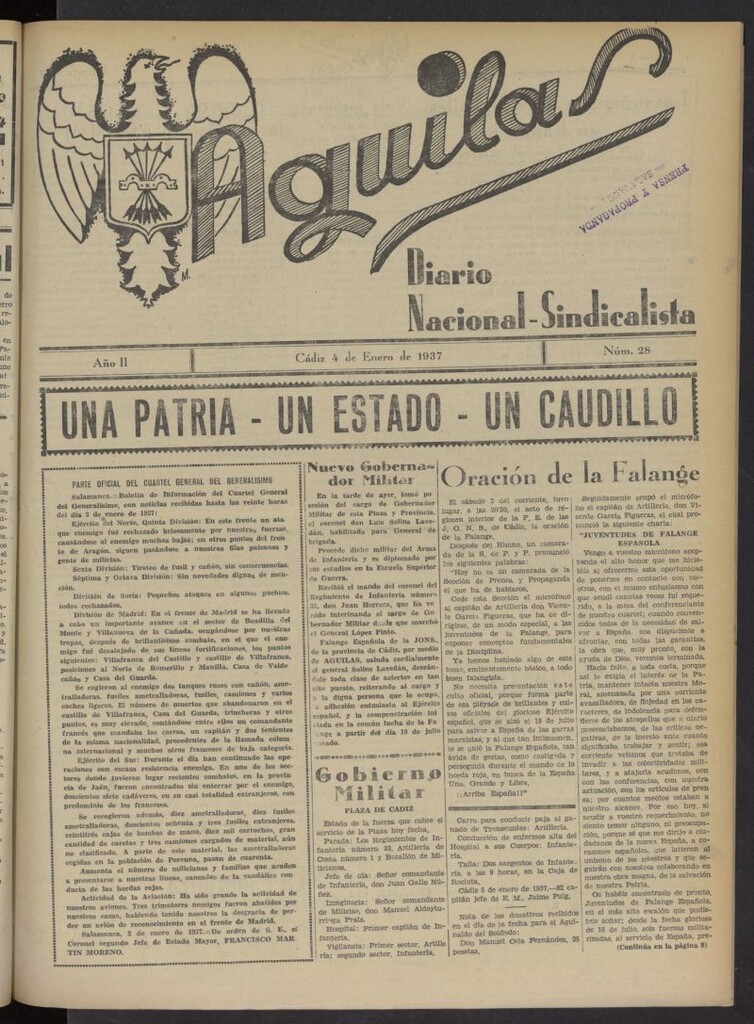 Miniatura de Águilas: Diario Nacional-Sindicalista del 4 de enero de 1937, nº 28