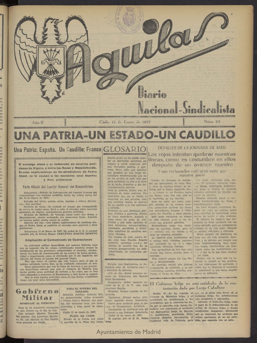 Miniatura de Águilas: Diario Nacional-Sindicalista del 12 de enero de 1937, nº 35