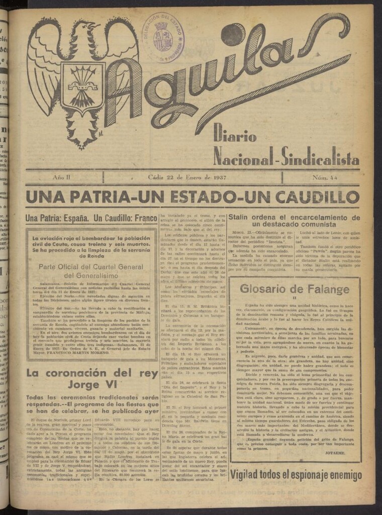Miniatura de Águilas: Diario Nacional-Sindicalista del 22 de enero de 1937, nº 44