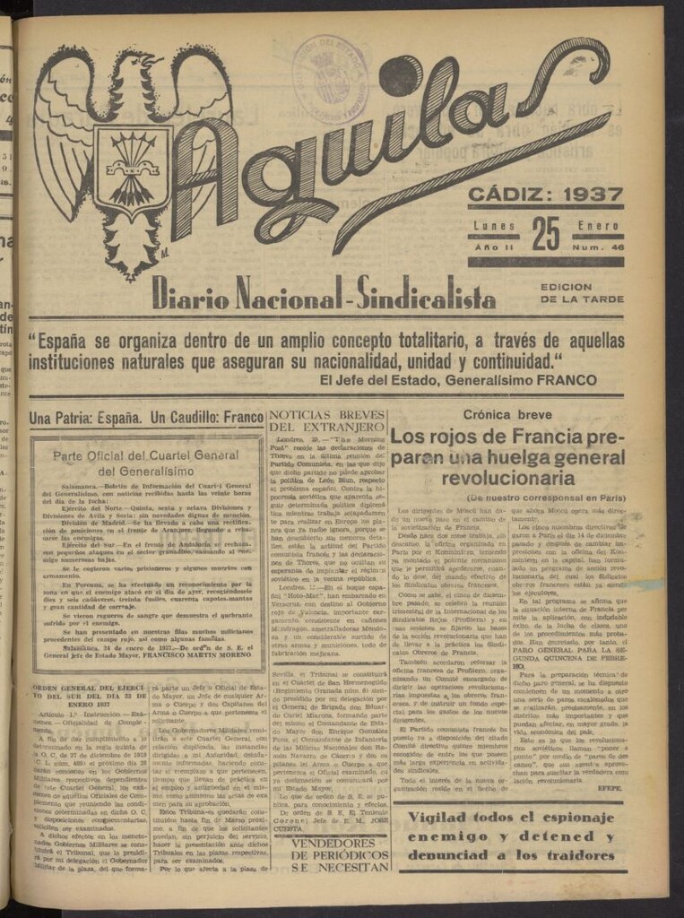 Miniatura de Águilas: Diario Nacional-Sindicalista del 25 de enero de 1937, nº 46