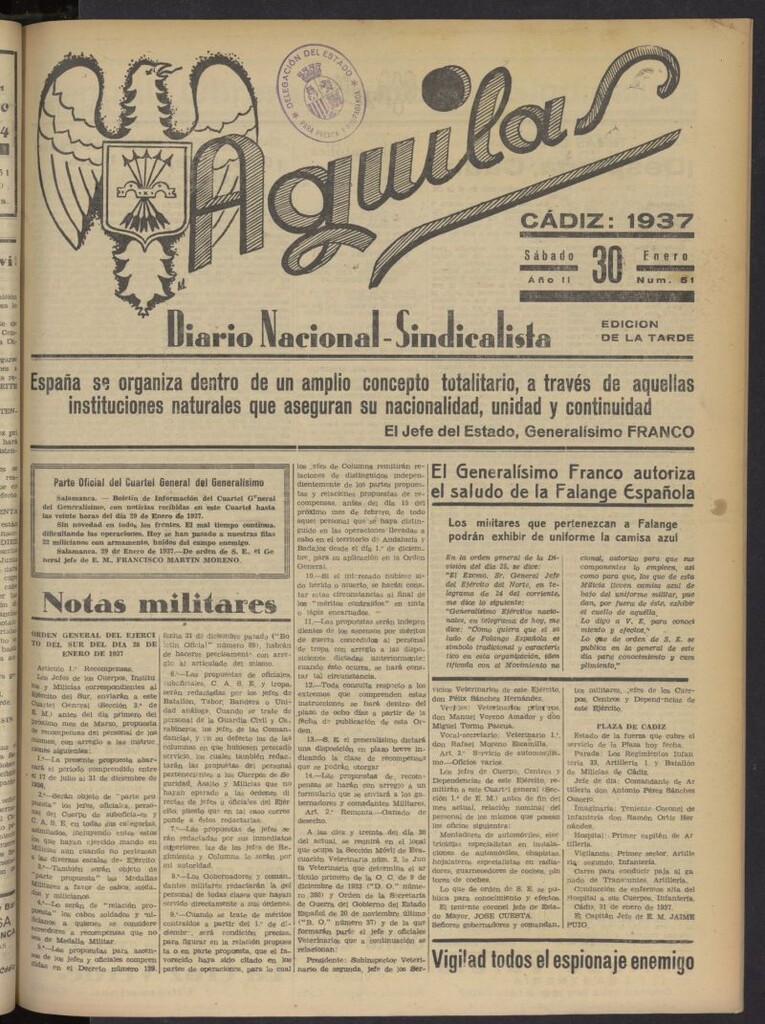 Miniatura de Águilas: Diario Nacional-Sindicalista del 30 de enero de 1937, nº 51