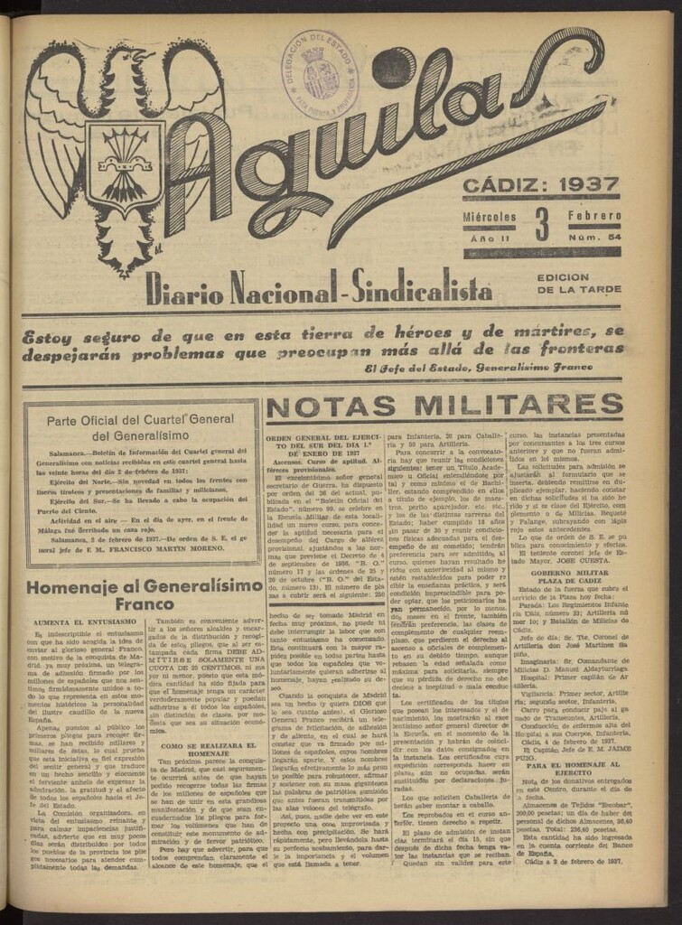 Miniatura de Águilas: Diario Nacional-Sindicalista del 3 de febrero de 1937, nº 54
