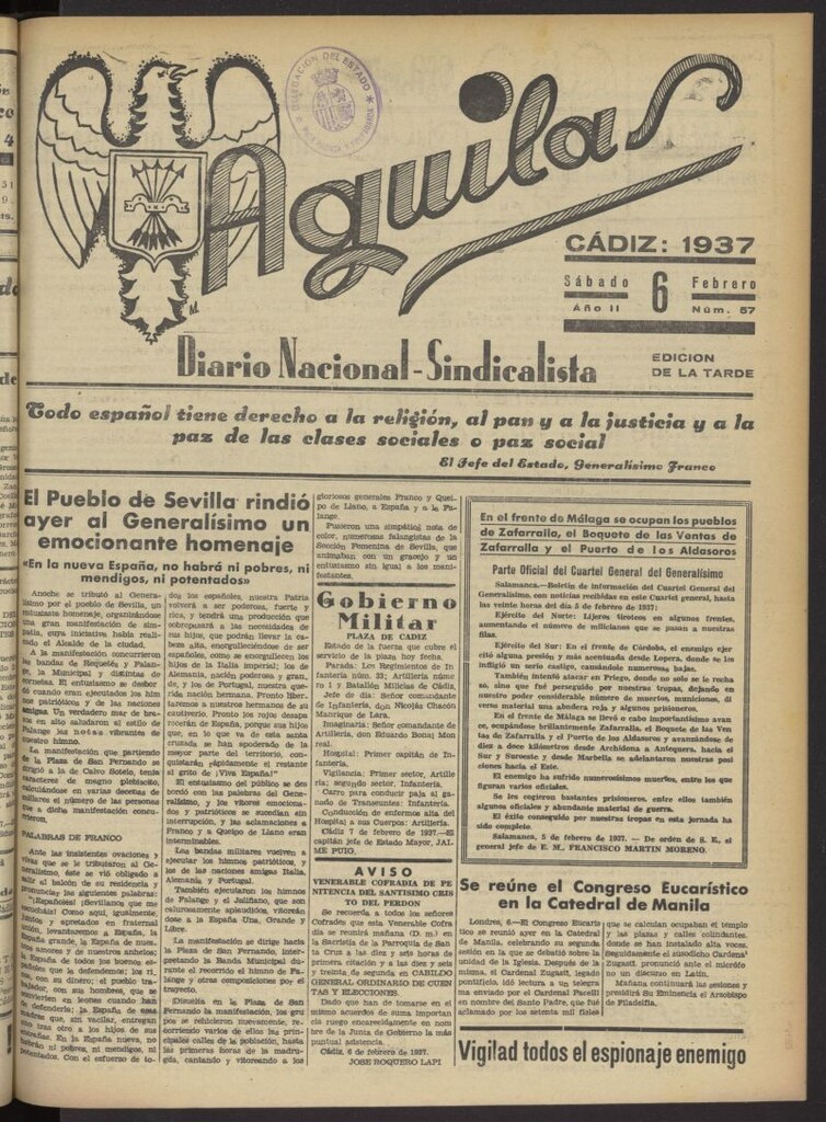 Miniatura de Águilas: Diario Nacional-Sindicalista del 6 de febrero de 1937, nº 57