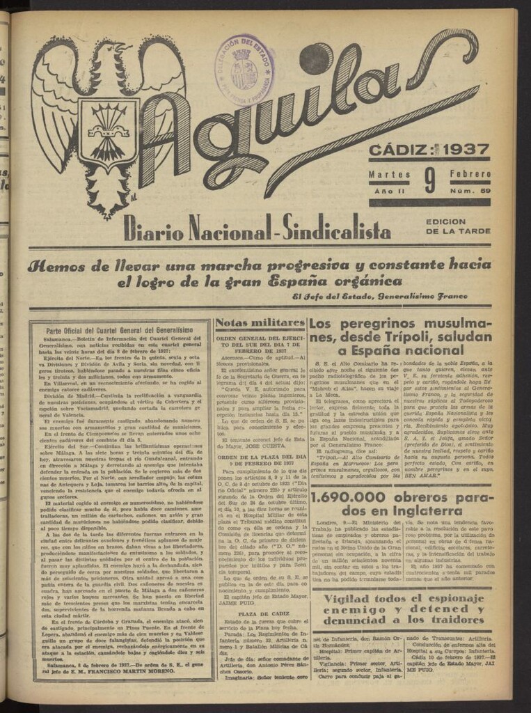 Miniatura de Águilas: Diario Nacional-Sindicalista del 9 de febrero de 1937, nº 59