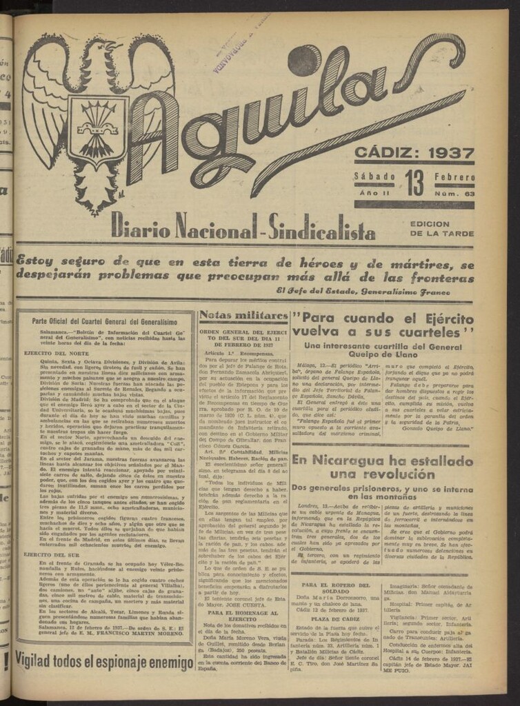 Miniatura de Águilas: Diario Nacional-Sindicalista del 13 de febrero de 1937, nº 63