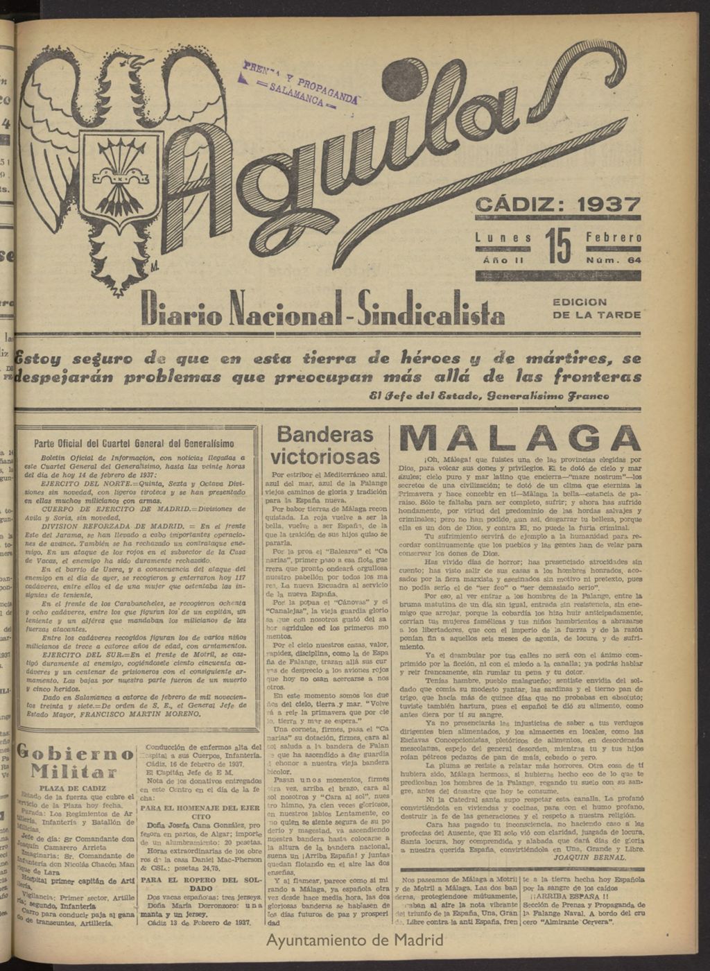 Miniatura de Águilas: Diario Nacional-Sindicalista del 15 de febrero de 1937, nº 64