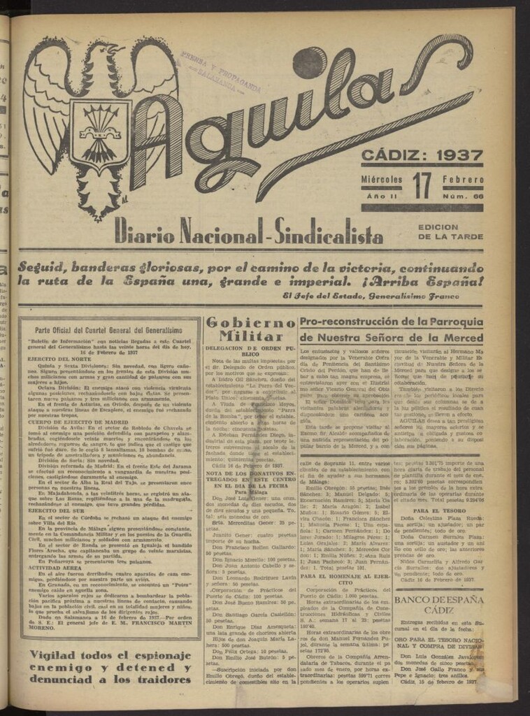 Miniatura de Águilas: Diario Nacional-Sindicalista del 17 de febrero de 1937, nº 66