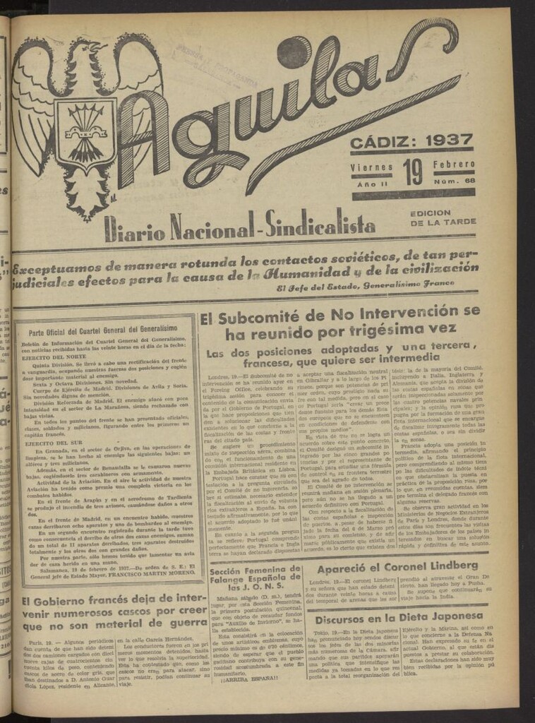 Miniatura de Águilas: Diario Nacional-Sindicalista del 19 de febrero de 1937, nº 68