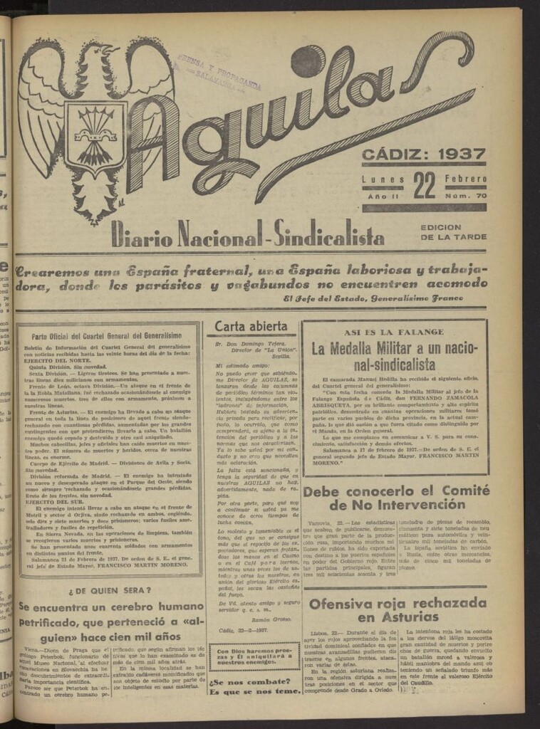 Miniatura de Águilas: Diario Nacional-Sindicalista del 22 de febrero de 1937, nº 70