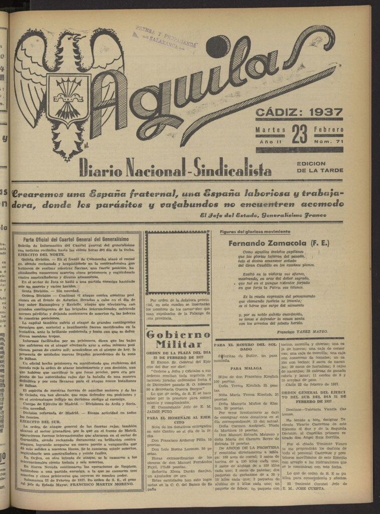 Miniatura de Águilas: Diario Nacional-Sindicalista del 23 de febrero de 1937, nº 71