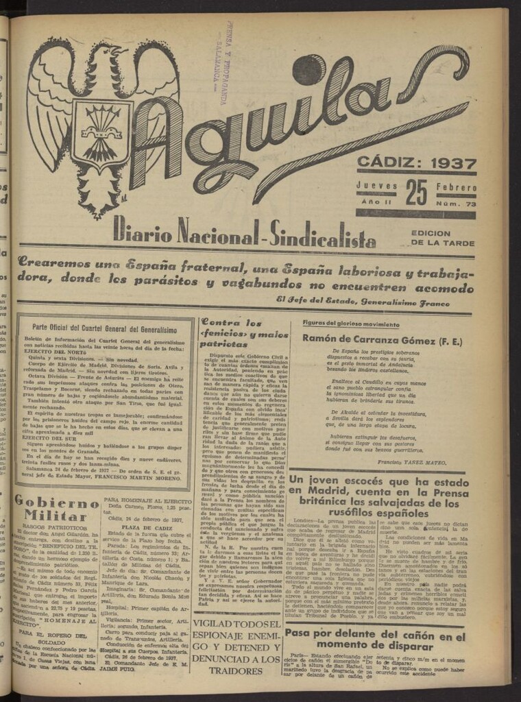 Miniatura de Águilas: Diario Nacional-Sindicalista del 25 de febrero de 1937, nº 73