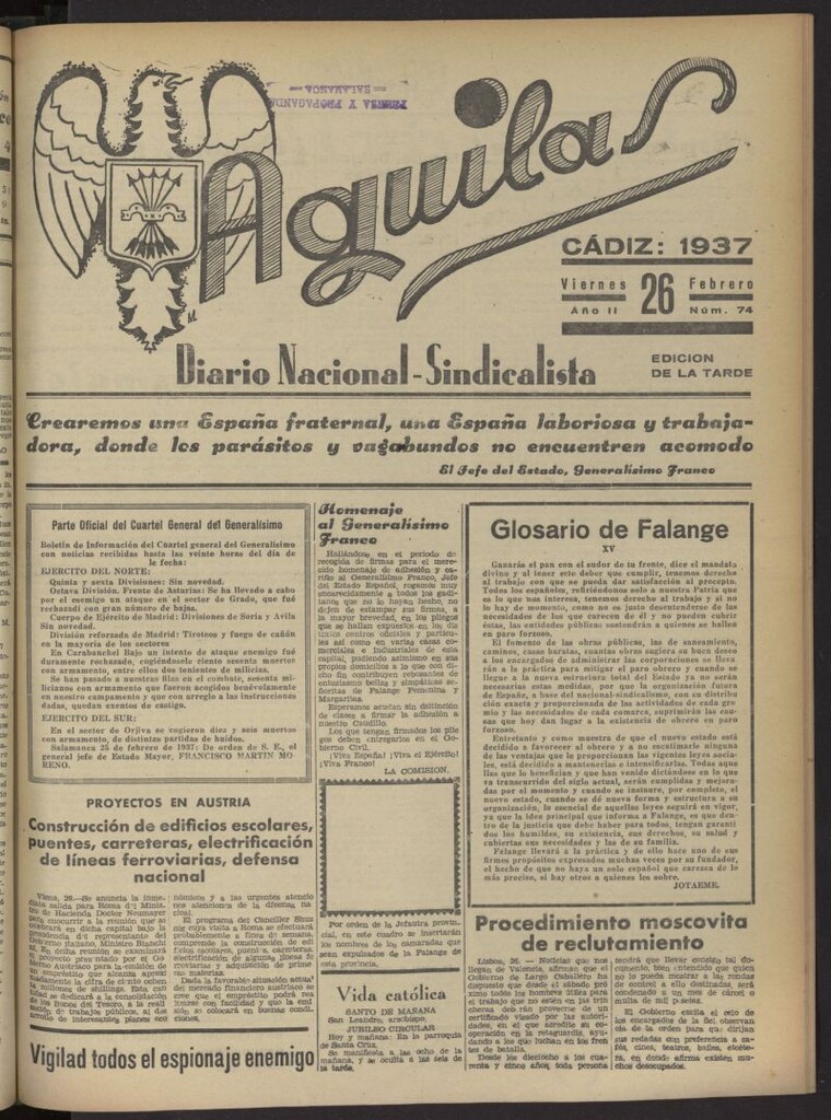 Miniatura de Águilas: Diario Nacional-Sindicalista del 26 de febrero de 1937, nº 74