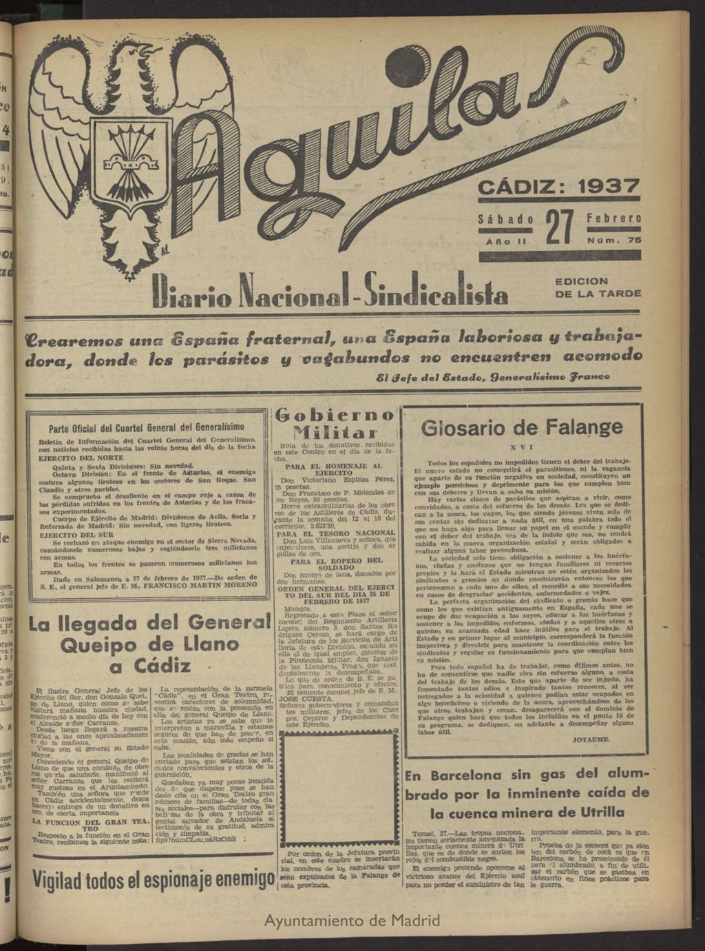 Miniatura de Águilas: Diario Nacional-Sindicalista del 27 de febrero de 1937, nº 75