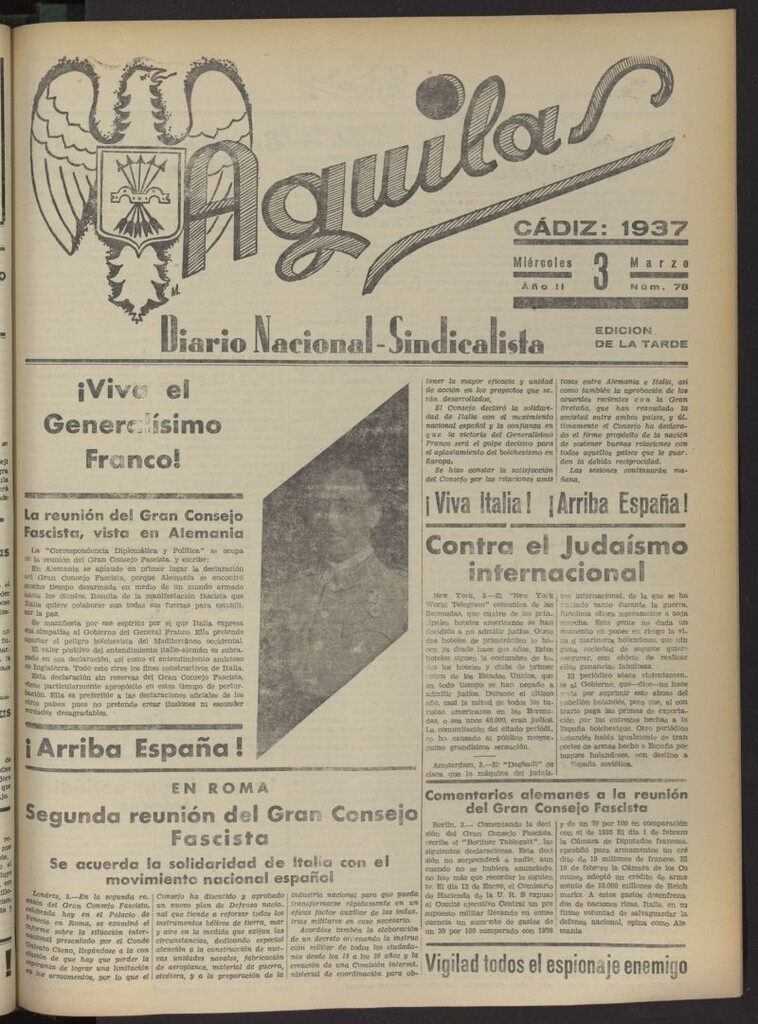 Miniatura de Águilas: Diario Nacional-Sindicalista del 3 de marzo de 1937, nº 78