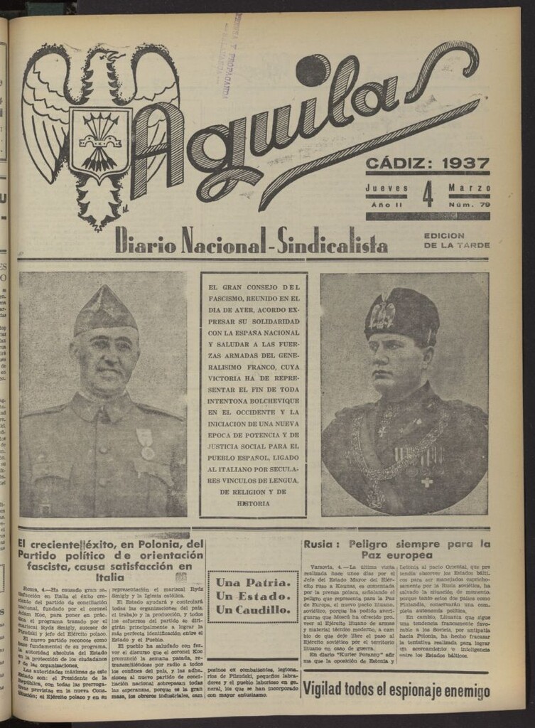 Miniatura de Águilas: Diario Nacional-Sindicalista del 4 de marzo de 1937, nº 79