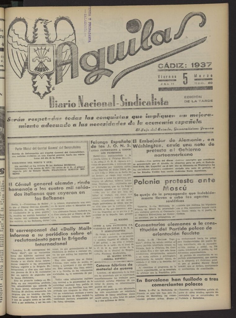 Miniatura de Águilas: Diario Nacional-Sindicalista del 5 de marzo de 1937, nº 80