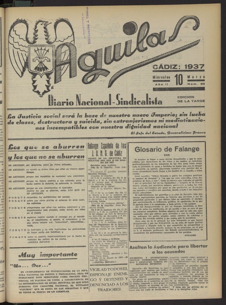 Miniatura de Águilas: Diario Nacional-Sindicalista del 10 de marzo de 1937, nº 84