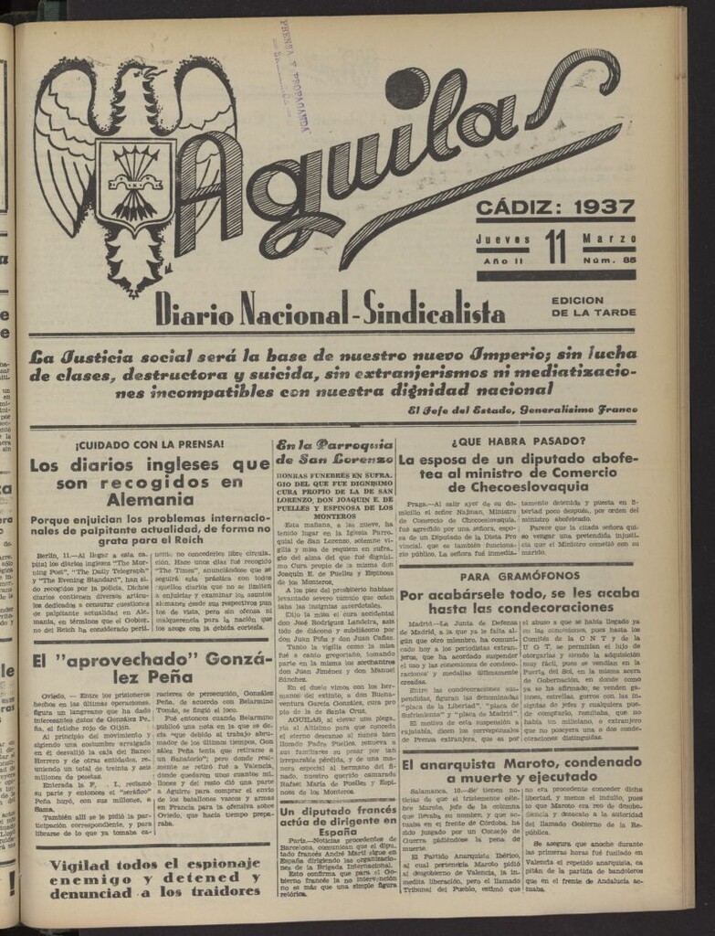 Miniatura de Águilas: Diario Nacional-Sindicalista del 11 de marzo de 1937, nº 85