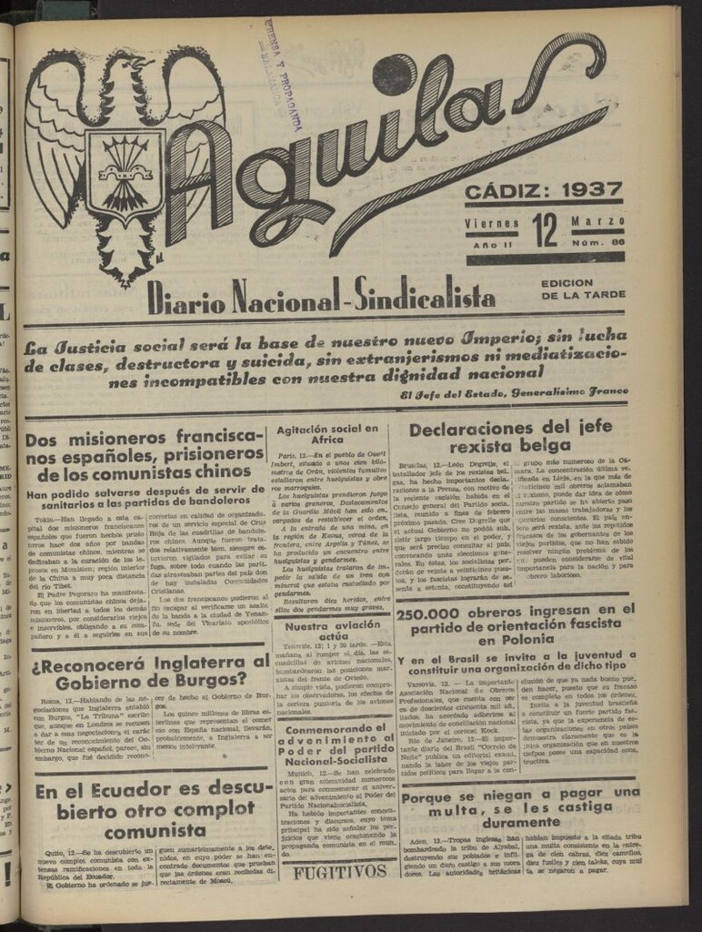 Miniatura de Águilas: Diario Nacional-Sindicalista del 12 de marzo de 1937, nº 86