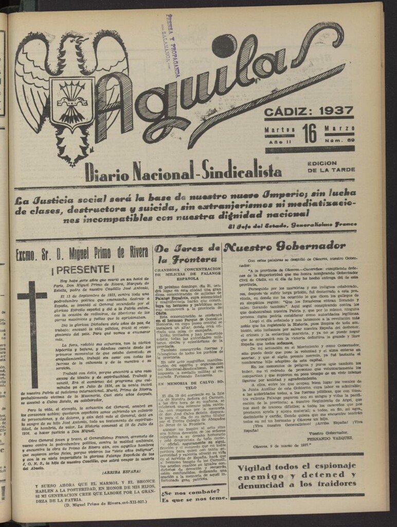 Miniatura de Águilas: Diario Nacional-Sindicalista del 16 de marzo de 1937, nº 89
