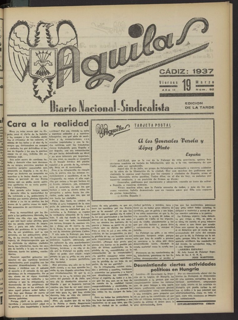 Miniatura de Águilas: Diario Nacional-Sindicalista del 19 de marzo de 1937, nº 92