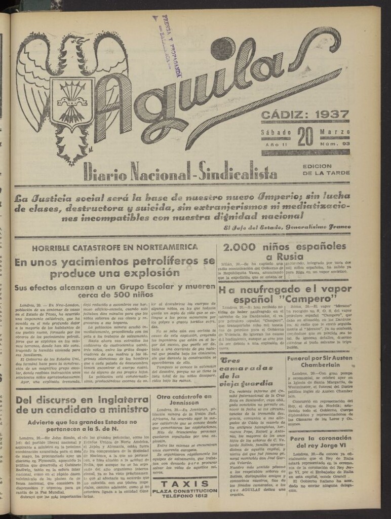 Miniatura de Águilas: Diario Nacional-Sindicalista del 20 de marzo de 1937, nº 93