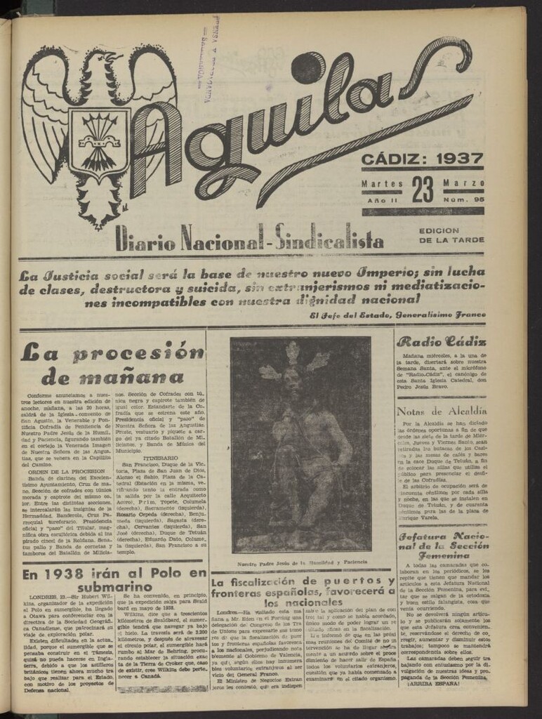 Miniatura de Águilas: Diario Nacional-Sindicalista del 23 de marzo de 1937, nº 95